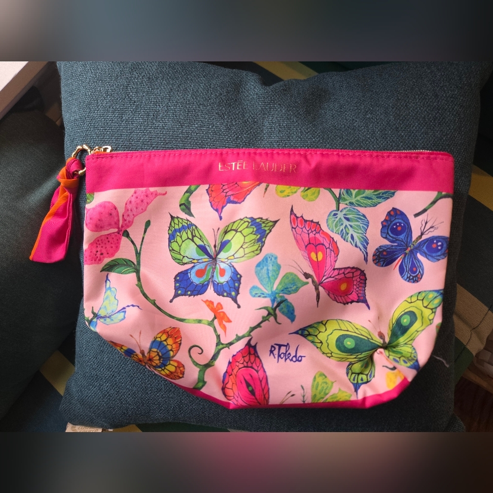 Estee Lauder Butterfly Pink exclusive Ruben Toledo design Cosmetic Bag NWOT